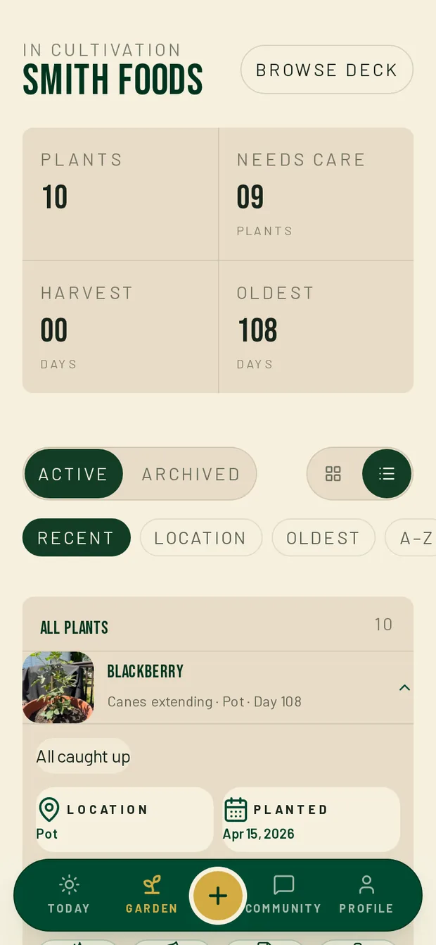 A plant row expanded on a phone, showing the blackberry's location, planting date and quick actions.